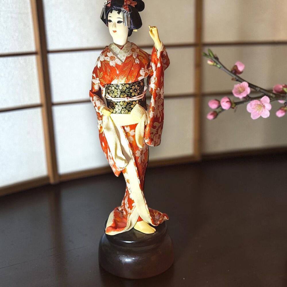 Vintage Japanese Geisha Music Box Doll Spinning Working Red Kimono 15.75"